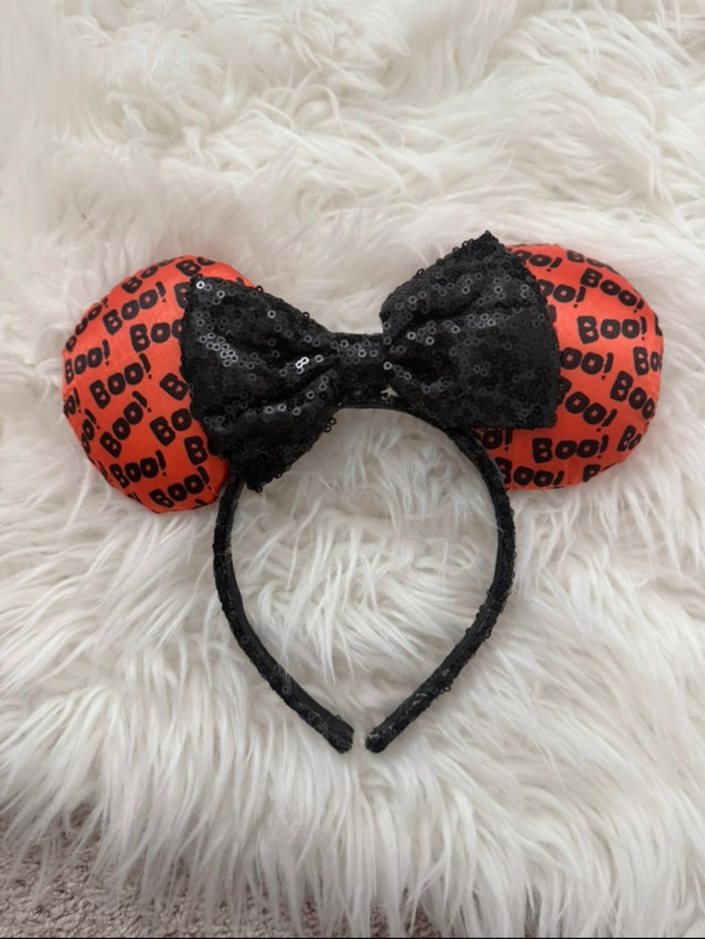 Disney Orange 'Boo' Mouse Ear Headband with Black Sequin Bow